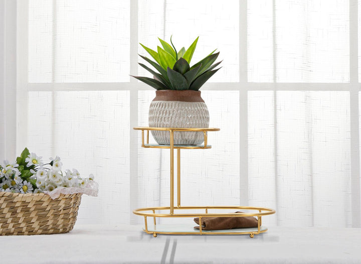 Bandeja de Metal y Cristal Dorada con 2 Estantes