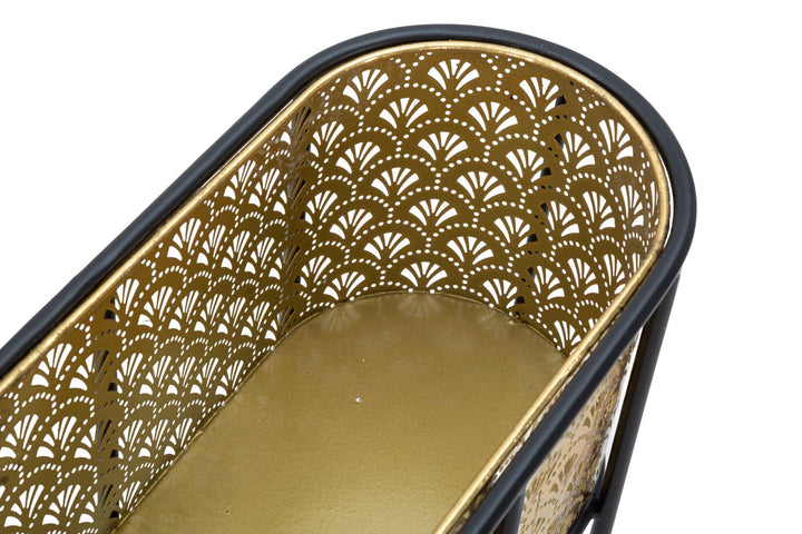 Jardinera Ovalada de Metal Dorado con Patas de Azulejo Negro