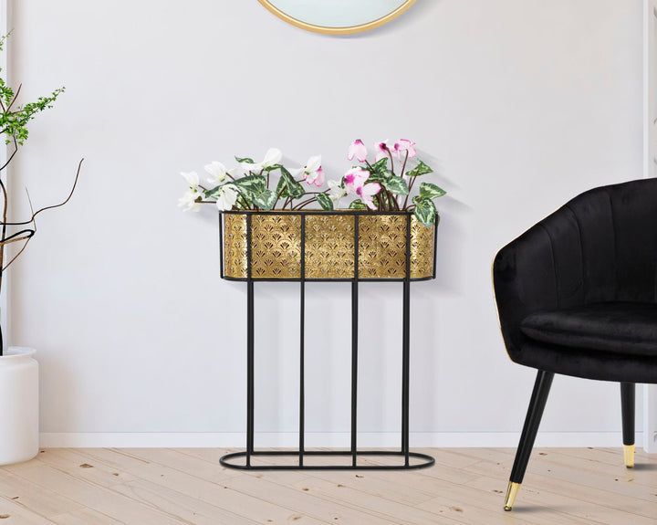 Jardinera Ovalada de Metal Dorado con Patas de Azulejo Negro