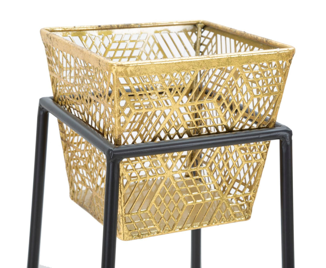 Pareja de Jarrón Rectangular de Metal Dorado con Patas Negras