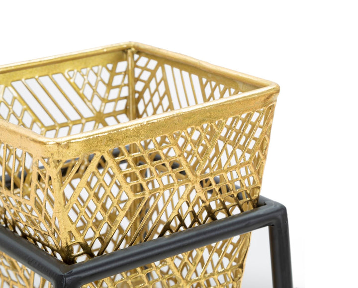 Pareja de Jarrón Rectangular de Metal Dorado con Patas Negras