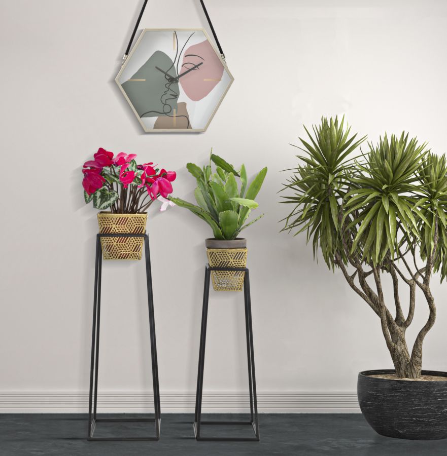 Pareja de Jarrón Rectangular de Metal Dorado con Patas Negras