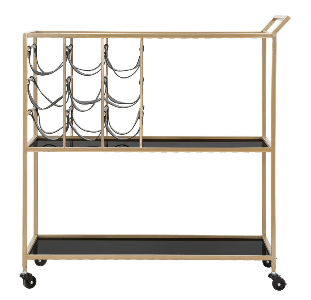 Carrito de Metal y Cristal Negro y Dorado con Portabotellas y Ruedas