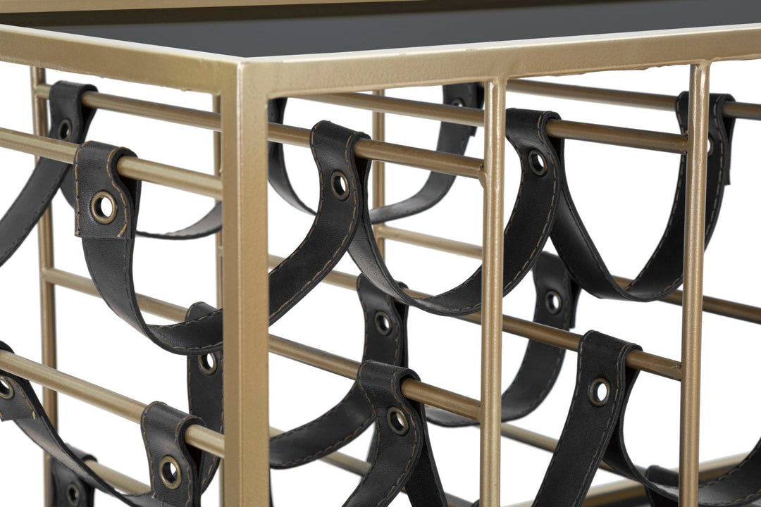 Carrito de Metal y Cristal Negro y Dorado con Portabotellas y Ruedas