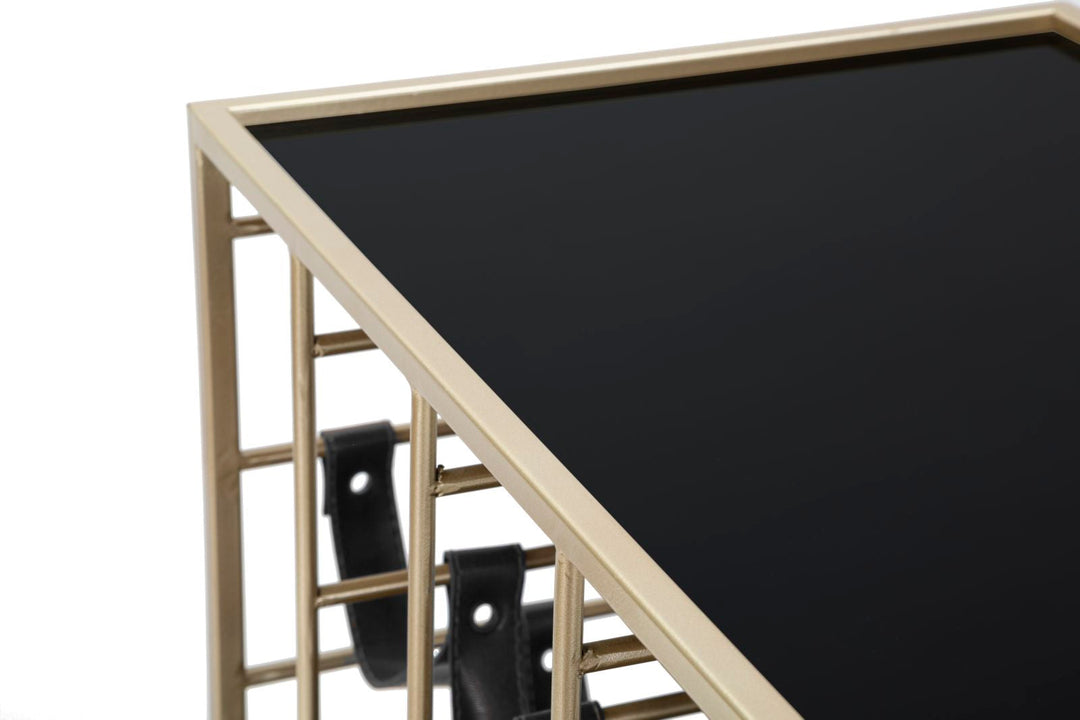 Carrito de Metal y Cristal Negro y Dorado con Portabotellas y Ruedas