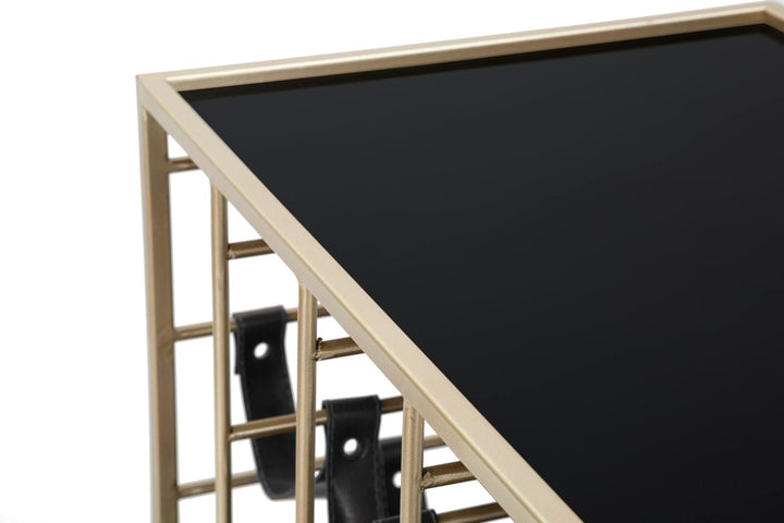 Carrito de Metal y Cristal Negro y Dorado con Portabotellas y Ruedas