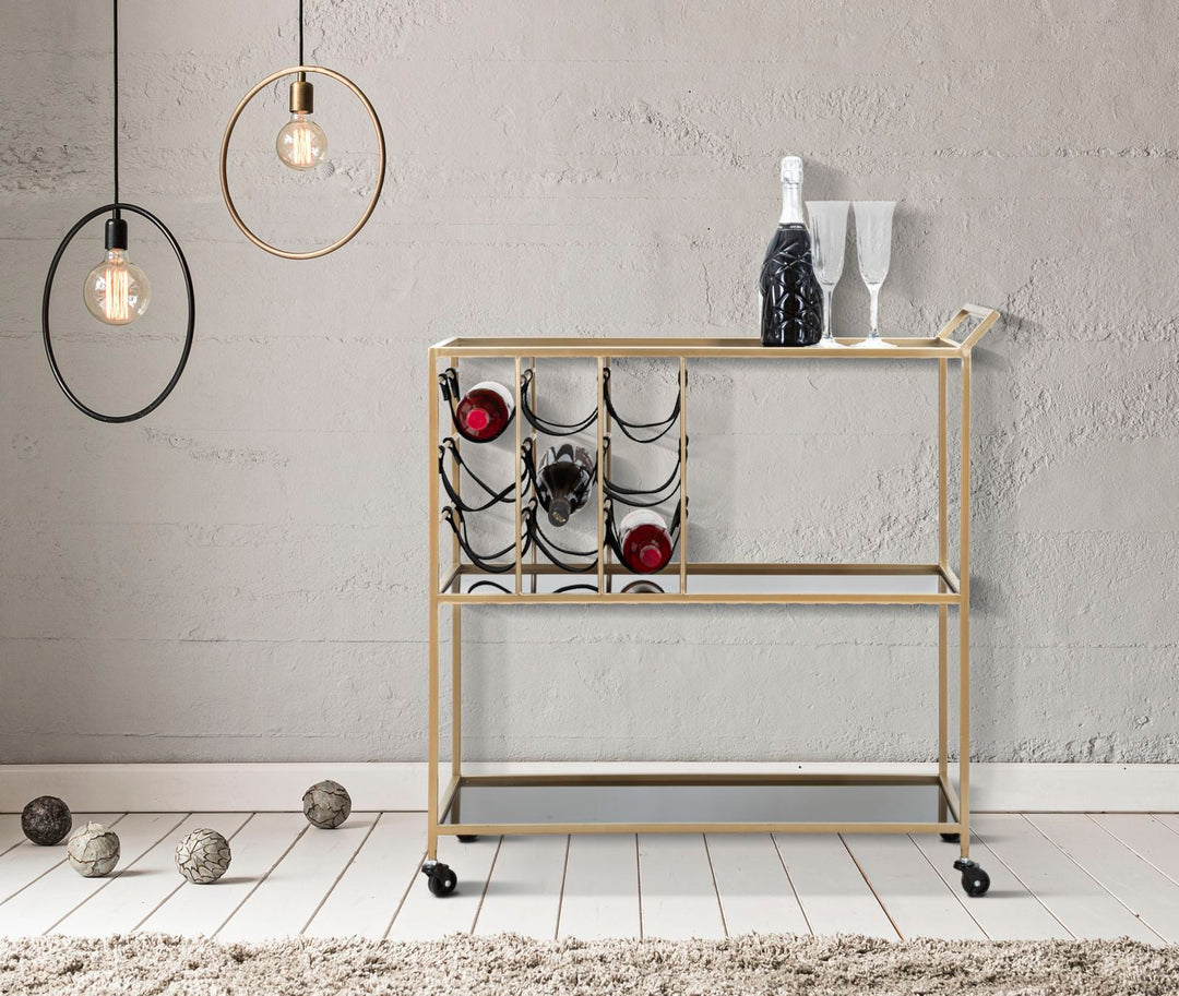 Carrito de Metal y Cristal Negro y Dorado con Portabotellas y Ruedas