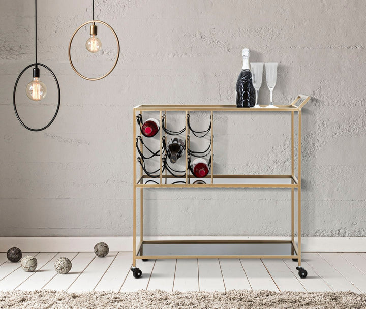 Carrito de Metal y Cristal Negro y Dorado con Portabotellas y Ruedas