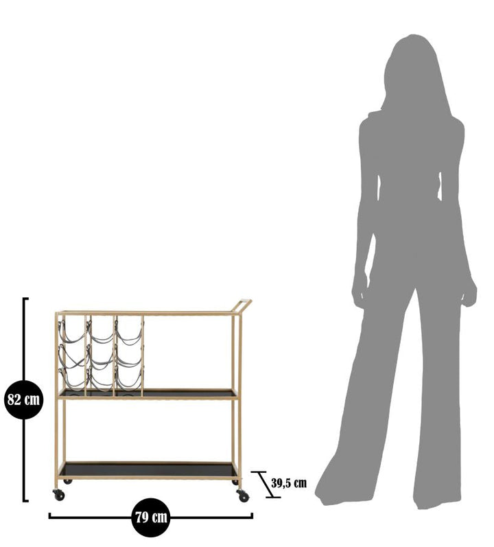 Carrito de Metal y Cristal Negro y Dorado con Portabotellas y Ruedas