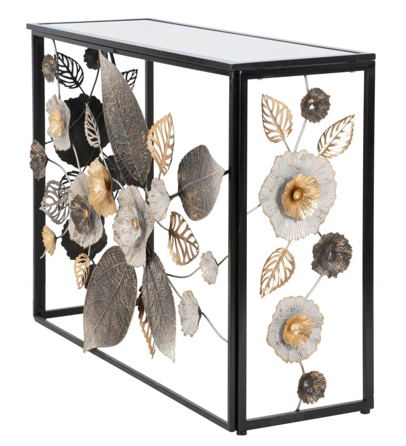 Consola de Metal y Cristal Negra con Diseño de Flores y Hojas