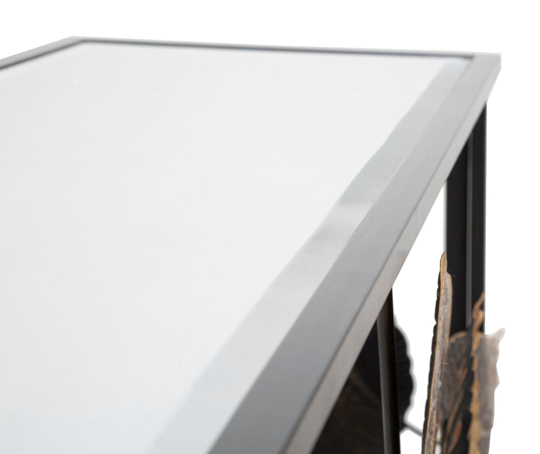 Consola de Metal y Cristal Negra con Diseño de Flores y Hojas