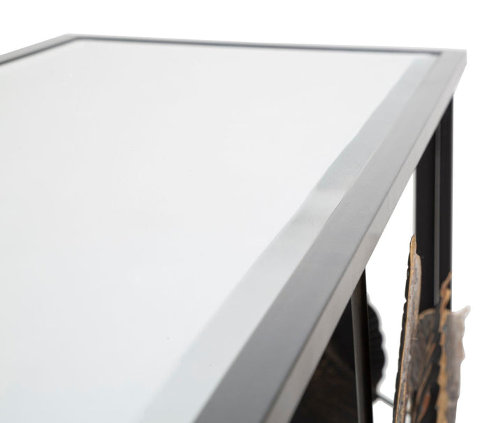 Consola de Metal y Cristal Negra con Diseño de Flores y Hojas