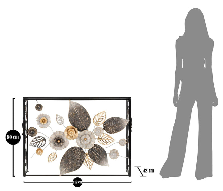 Consola de Metal y Cristal Negra con Diseño de Flores y Hojas