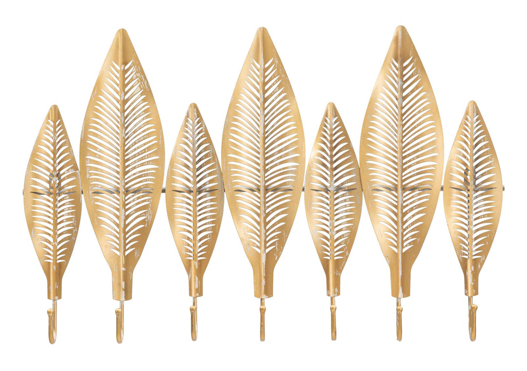 Colgador de Pared de Metal Dorado con Diseño de Hojas y 7 Ganchos