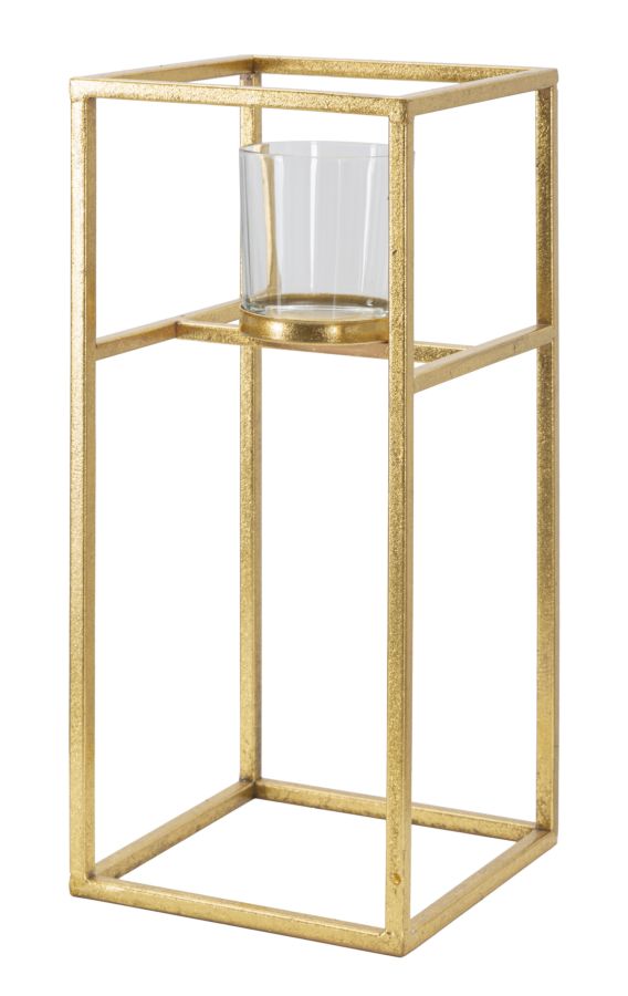 Portavelas Cuadrado de Metal y Vidrio Dorado