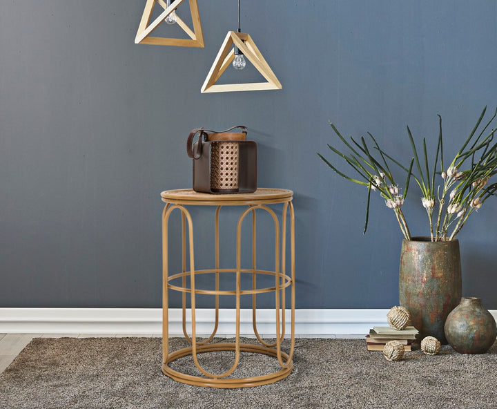 Mesa auxiliar redonda con tapa de madera y estructura de ratán – Estilo Samui