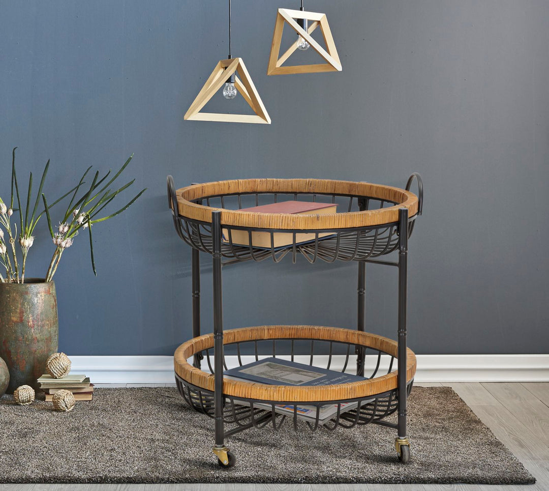 Carrito redondo de ratán con doble estante – Cebu carro de servicio