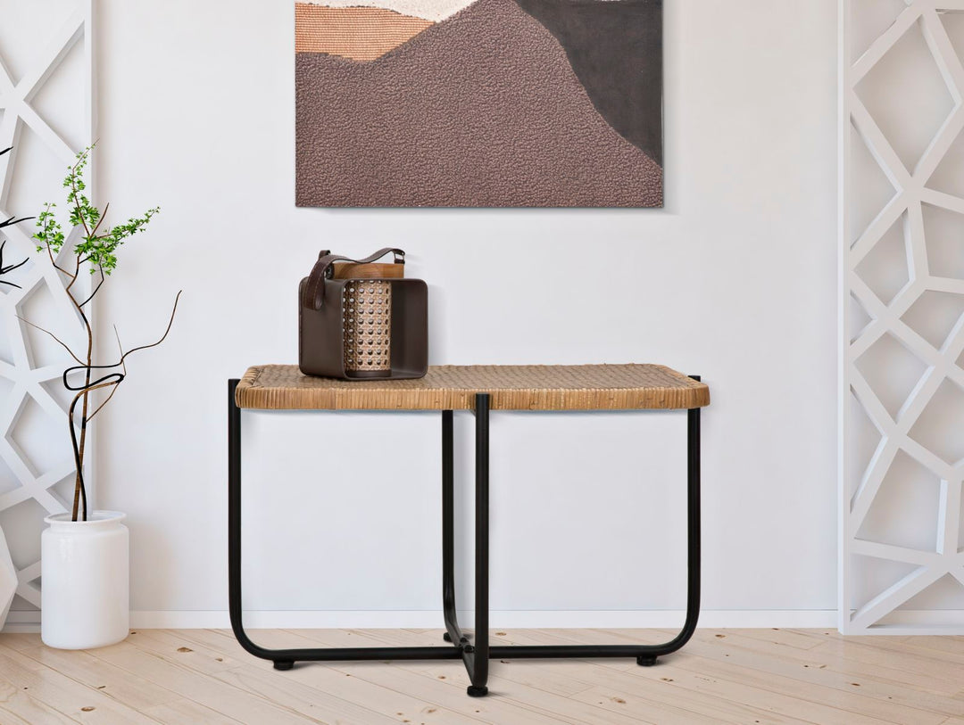 Mesa de centro rectangular con tapa de madera y estructura de metal – Estilo Cebu