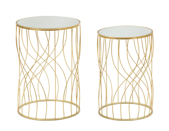 Pareja de Mesitas Auxiliares Redondas de Metal Dorado y Cristal de Lineas Geométricas