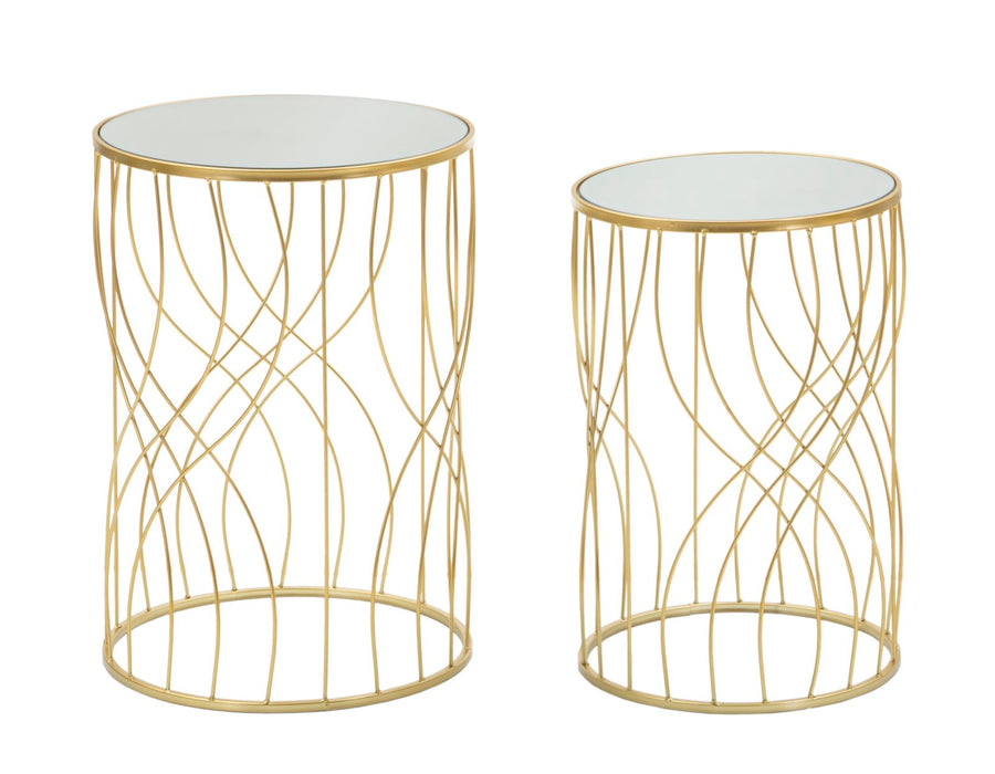 Pareja de Mesitas Auxiliares Redondas de Metal Dorado y Cristal de Lineas Geométricas