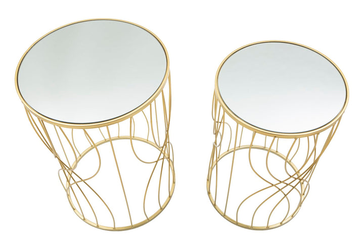 Pareja de Mesitas Auxiliares Redondas de Metal Dorado y Cristal de Lineas Geométricas