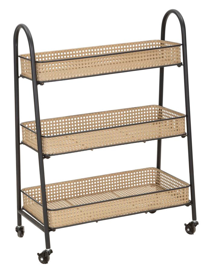 Carrito de ratán de 3 niveles con estructura de metal dorado – Fuji carro de servicio