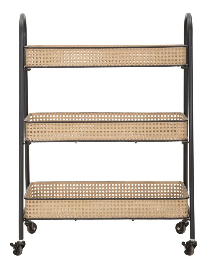 Carrito de ratán de 3 niveles con estructura de metal dorado – Fuji carro de servicio