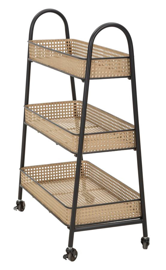 Carrito de ratán de 3 niveles con estructura de metal dorado – Fuji carro de servicio