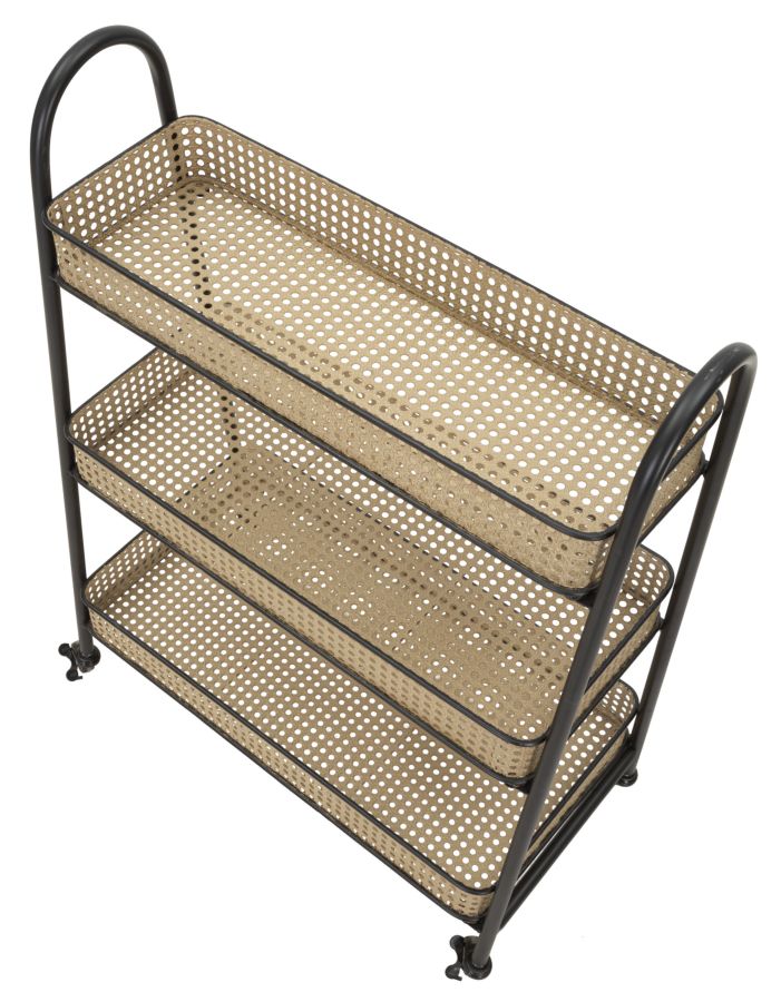 Carrito de ratán de 3 niveles con estructura de metal dorado – Fuji carro de servicio