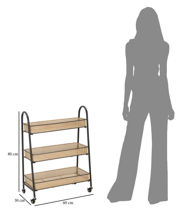 Carrito de ratán de 3 niveles con estructura de metal dorado – Fuji carro de servicio