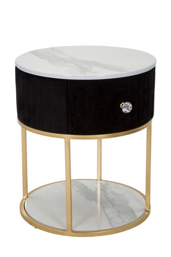 Mesita de noche dorada y negra con tapa de mármol