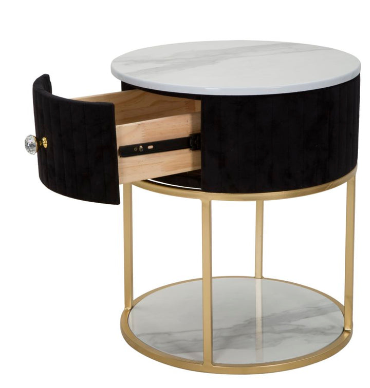 Mesita de noche dorada y negra con tapa de mármol