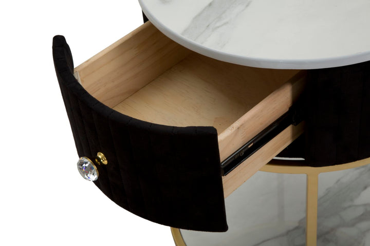 Mesita de noche dorada y negra con tapa de mármol