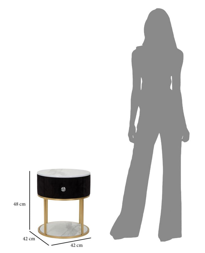 Mesita de noche dorada y negra con tapa de mármol