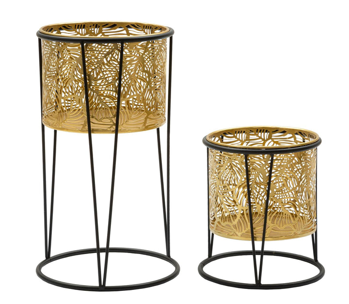 Macetero Redondo de Metal Dorado con Diseño de Hojas