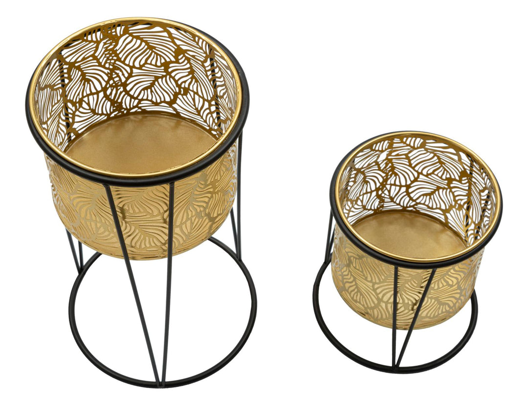 Macetero Redondo de Metal Dorado con Diseño de Hojas