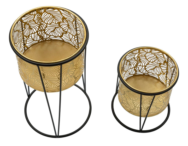 Macetero Redondo de Metal Dorado con Diseño de Hojas