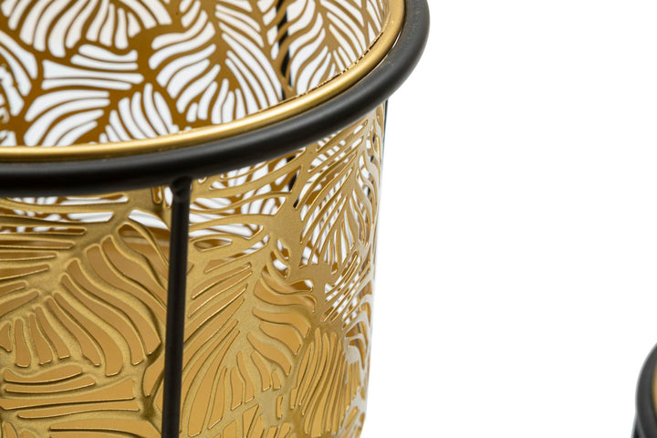 Macetero Redondo de Metal Dorado con Diseño de Hojas