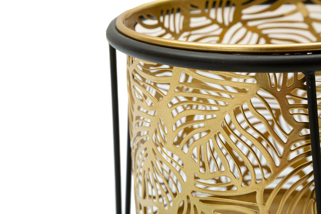 Macetero Redondo de Metal Dorado con Diseño de Hojas