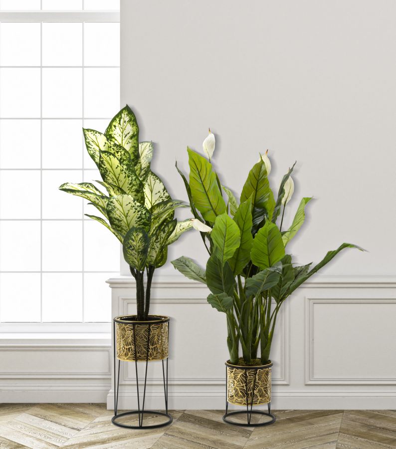 Macetero Redondo de Metal Dorado con Diseño de Hojas