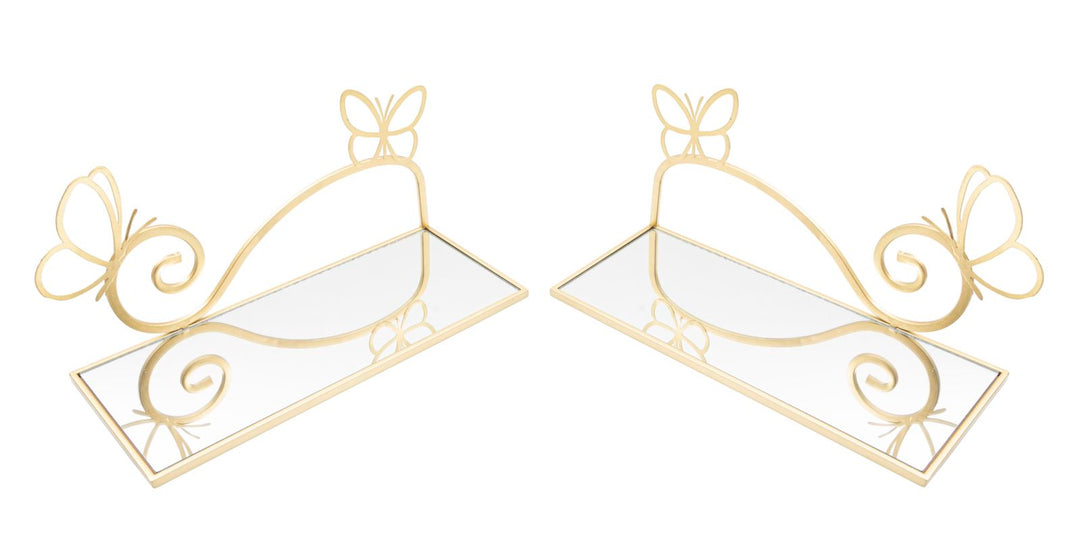 Par de Estantes de Pared de Metal Dorado y Cristal con Mariposas