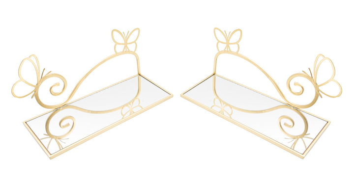 Par de Estantes de Pared de Metal Dorado y Cristal con Mariposas