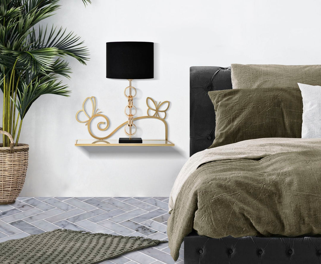 Par de Estantes de Pared de Metal Dorado y Cristal con Mariposas