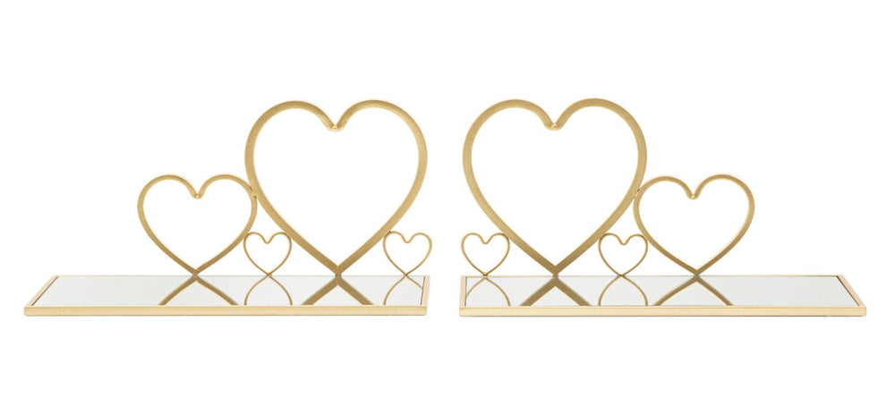 Par de Estantes de Pared de Metal Dorado y Cristal en Forma de Corazón