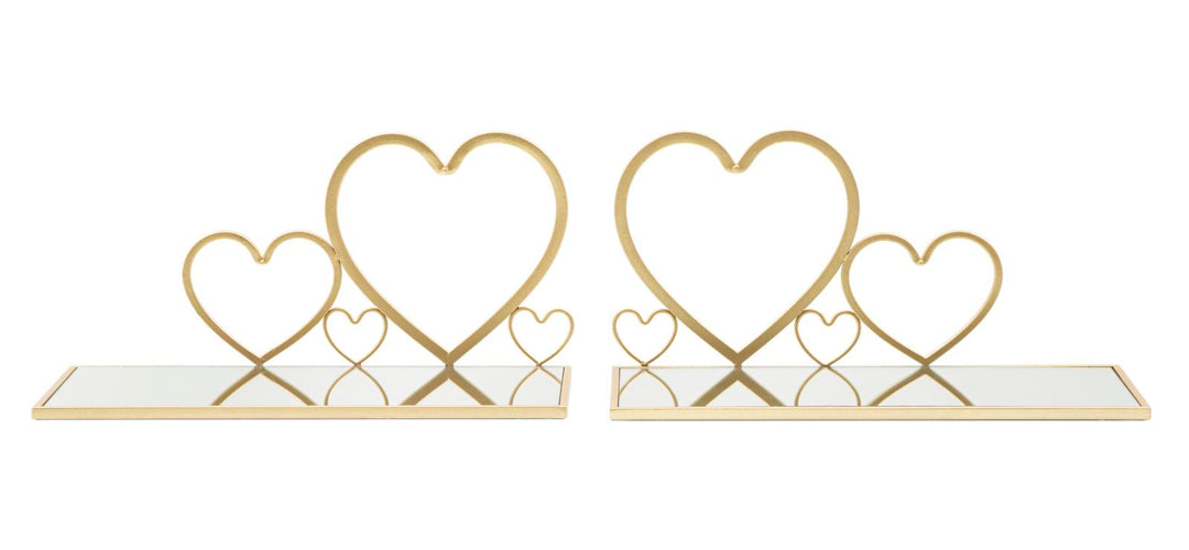 Par de Estantes de Pared de Metal Dorado y Cristal en Forma de Corazón