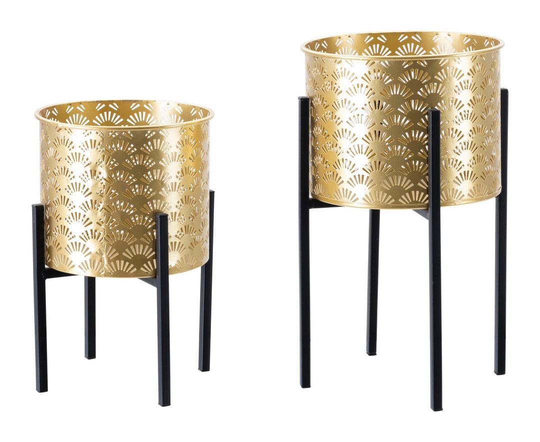 Macetero Redondo de Metal Dorado con Diseño de Hojas