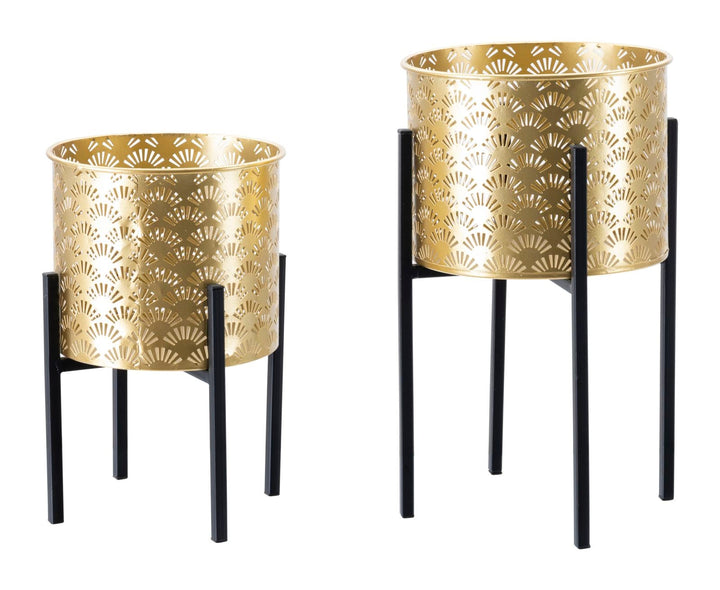 Macetero Redondo de Metal Dorado con Diseño de Hojas