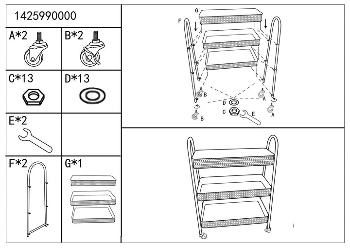 Carrito de ratán de 3 niveles con estructura de metal dorado – Fuji carro de servicio