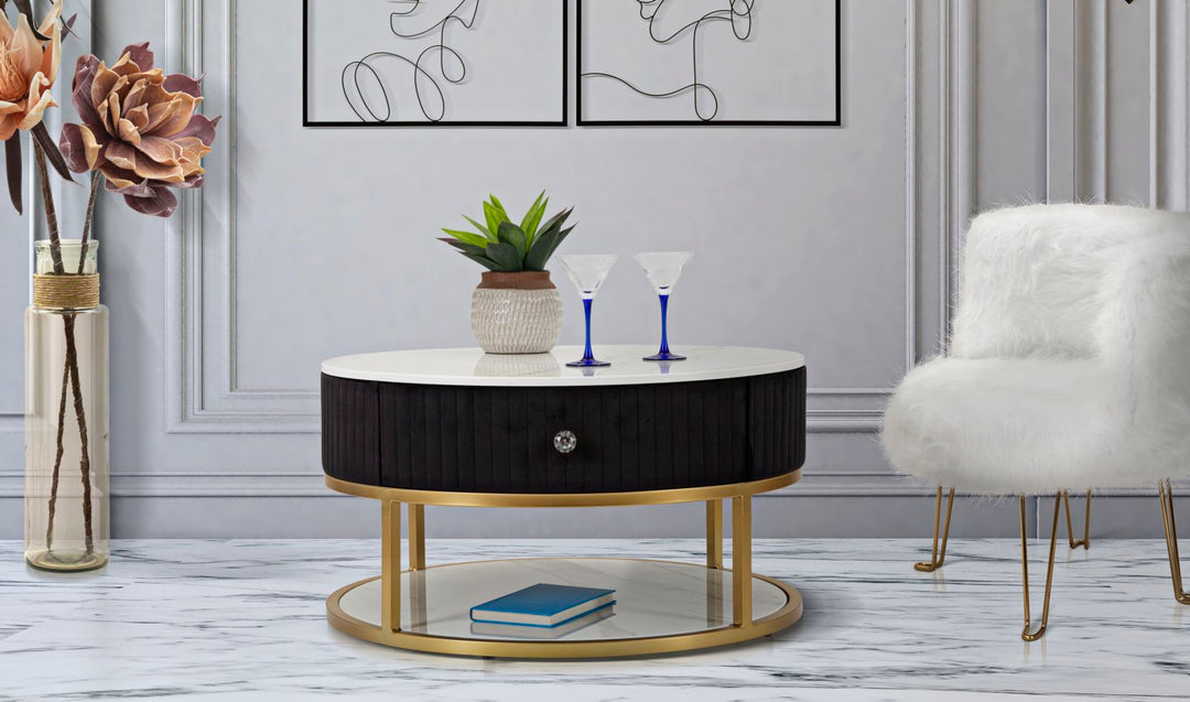 Mesa de Centro Redonda en Blanco y Negro con Tapa de Mármol