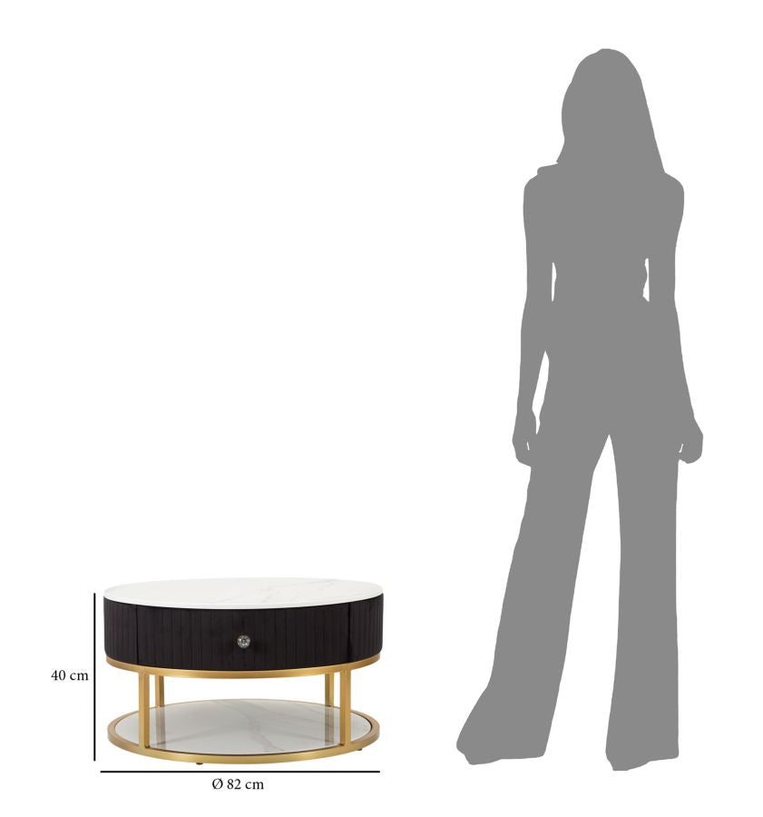 Mesa de Centro Redonda en Blanco y Negro con Tapa de Mármol